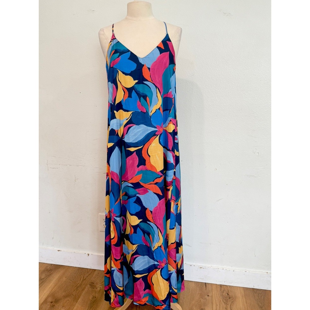 Nicole Miller NY Abstract Geometric Maxi Dress L Multicolor VNeck Racerback chic